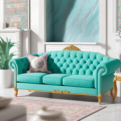 Beautiful, turquoise sofa in the interior. Generative AI .
