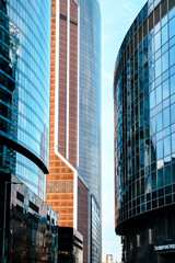 Glass skyscrapers of Moscow City.View from bottom to top.