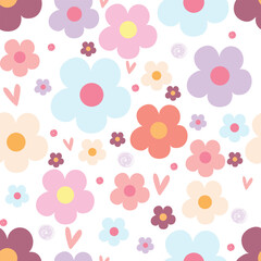 Seamless colorful pattern with different size flowers, hearts in pastel colors. White background, vector illustration.