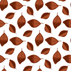 Pattern of autumn leaves in brown tones. Fallen leaves. Fashionable flat style. Great for creating backgrounds, clothing and editorial design, postcards, gift wrapping paper, home decor, etc