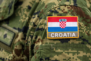 Flag of Croatia on a soldier uniform, Croatian Armed Forces, NATO force integration unit, close up