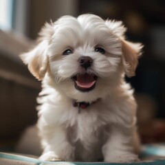 A reddish white maltese puppy with her tongue out. Generative AI - obrazy, fototapety, plakaty