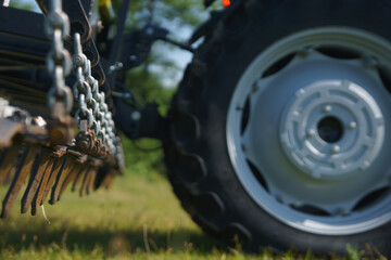 Red tractor with tooth harrow in the green field in Ukraine
