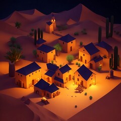 Village in desert at night. 3D low poly landscape illustration