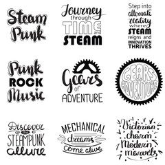 Fototapeta premium Collection of handwriting steampunk text. Phrase about technology, industry, life, gears, cogs wheels. Vector illustration.
