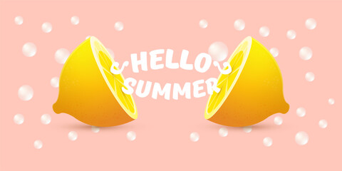 Vector Hello Summer Beach Party horizontal banner Design template with fresh lemon isolated on pink background. Hello summer concept label, flyer and poster with lemon fruit and typographic text.