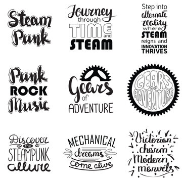Collection of handwriting steampunk text. Phrase about technology, industry, life, gears, cogs wheels. Vector illustration.