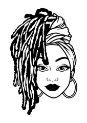Afro Woman Curly Hairstyle big Earrings with Head wrap Pretty Black Girl line art vector 