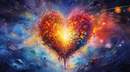 Cosmic heart of love. Love expanding, expanding in the universe. Big-bang of love, light and colors. Concept, spirituality, esoteric. new age. Illustration.