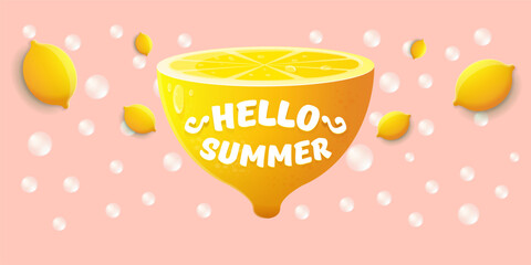 Vector Hello Summer Beach Party horizontal banner Design template with fresh lemon isolated on pink background. Hello summer concept label, flyer and poster with lemon fruit and typographic text.