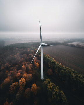 Wind turbine for green energy from a drone bird's eye view shot in a beautiful landscape with cloudy sky