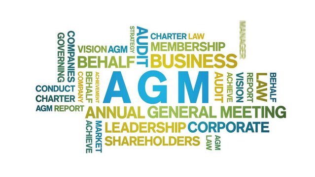 AGM - Annual General Meeting acronym animated tag word cloud;text design animation kinetic typography seamless loop.