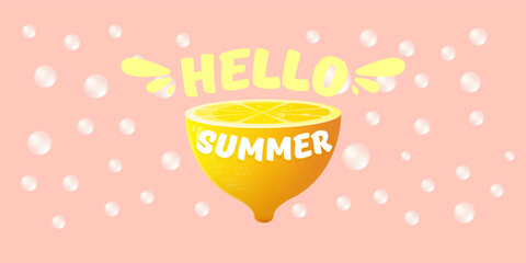 Vector Hello Summer Beach Party horizontal banner Design template with fresh lemon isolated on pink background. Hello summer concept label, flyer and poster with lemon fruit and typographic text.