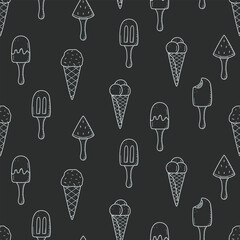 Popsicle ice cream on a stick and in waffle cones. Seamless pattern of summer dessert doodle style. Wallpaper background vector illustration.