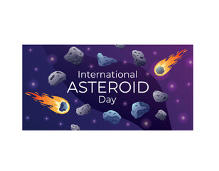 International World June holiday Asteroid Day. Vector cartoon space banner with meteorites and stars.