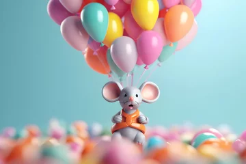 Foto op Canvas Cute toy mouse with bunch of colorful balloons on light background. Figurine in an orange vest flies over colored pebbles. Birthday card. Selective focus, close up. Generative AI © Olga