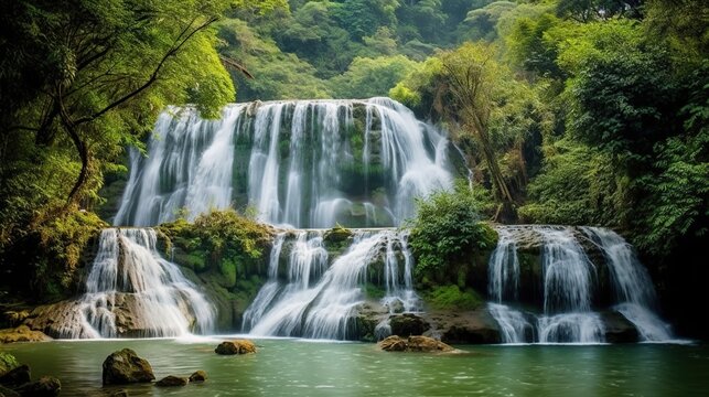 waterfall clean and beautiful tourist. generative AI © maretaarining