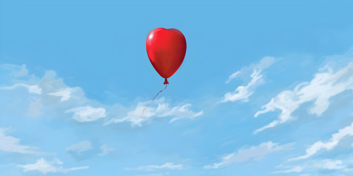 Bright red heart shaped balloon rises into the blue sky with white clouds. Illustration with romantic mood for Valentine's Day. Greeting card for nice event. Generative AI