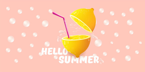 Vector Hello Summer Beach Party horizontal banner Design template with fresh lemon isolated on pink background. Hello summer concept label, flyer and poster with lemon fruit and typographic text.