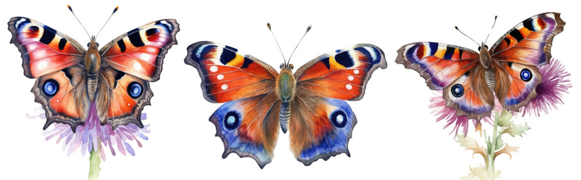 Collection of three watercolour illustrations of peacock butterflies isolated on white background as transparent PNG, generative AI animal clipart bundle