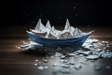 A playful drawing of a boat made of paper floating on water. Generative AI