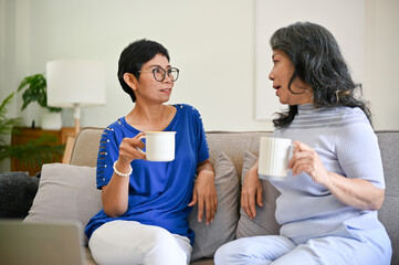 Two happy mature middle-aged Asian women friends enjoy talking in the living room together.