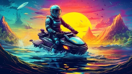 t-shirt design of an astronaut in a spacesuit riding speedboat, Ai Generative - obrazy, fototapety, plakaty