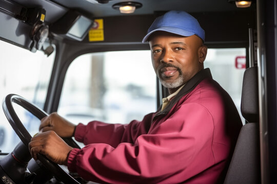 African man, baseball cap on head, sitting behind steering wheel of bus or truck. Large vehicle driver concept. Generative AI