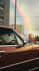 Obraz premium A bright rainbow over a classic vintage car. Generative AI