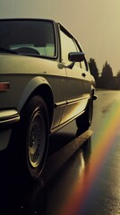 A bright rainbow over a classic vintage car. Generative AI
