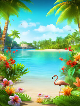 Hello Summer Beach poster with tropical trees and flamingo - ai generative