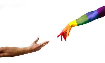 Two hands pointing with finger tips nearly touching,painted in the colors of the rainbow flag, Gay and LGBT love concept, Gay day, Pride Month