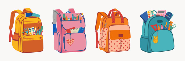 Set of colorful schoolbags with stationery. Backpacks with pockets, zippers and straps. Hand drawn vector illustration isolated on white background, modern flat cartoon style. - obrazy, fototapety, plakaty