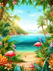 Fototapeta na wymiar Hello Summer Beach poster with tropical trees and flamingo - ai generative