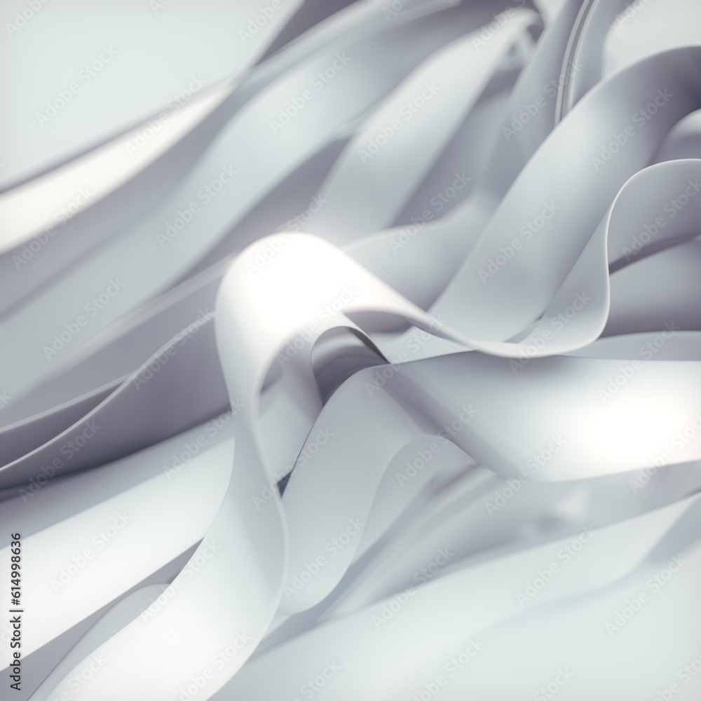 Poster magic waves of white fabric stripes in the wind digital illustration. abstract 3d rendering art back