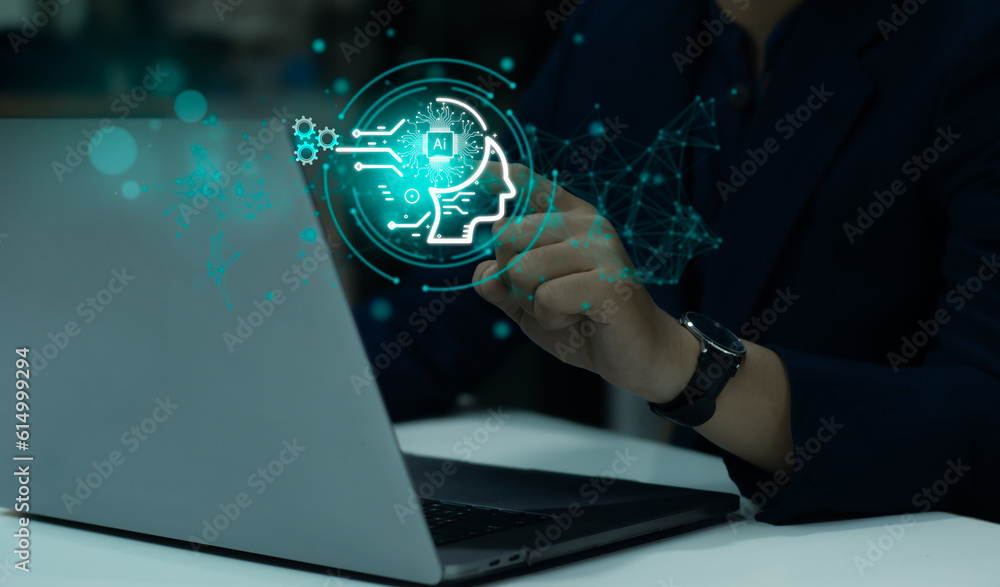Poster businessman using laptop chatting ai. artificial intelligence machine learning technology. chatting 