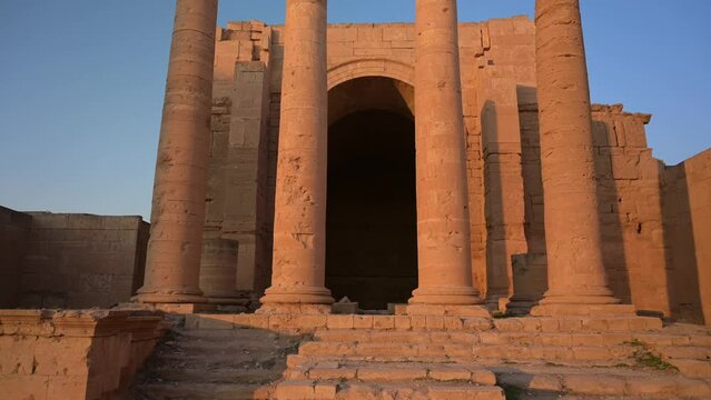 Ancient Monument, Columns and Entrance Archway at Hatra Ruins in Iraq, Archaeology Site at Sunset 