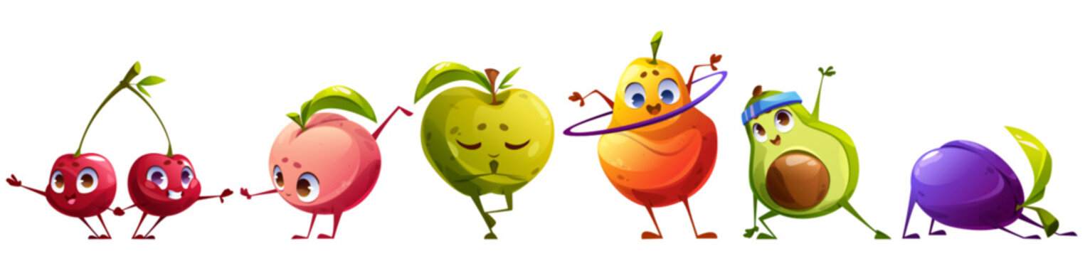Cute fruit character exercise vector illustration. Funny food healthy yoga workout icon set. Zen apple, pilates plum, stretch cherry and avocado pear with hula hoop isolated comic pose fitness clipart