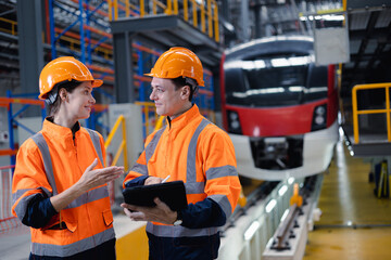 Engineer team women worker working in train service workshop transport industry factory.