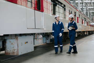 Engineer technician team train service maintenance working in electricity train depot walking check service schedule.