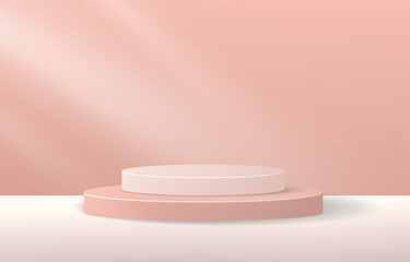 Abstract 3D room with realistic cylinder pedestal podium set. Minimal scene for product display presentation. Vector geometric platform. Stage for showcase.