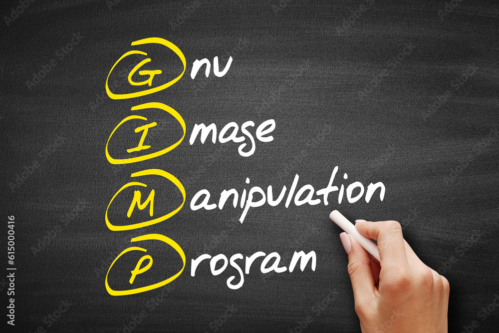 Poster GIMP - Gnu Image Manipulation Program acronym, concept on blackboard