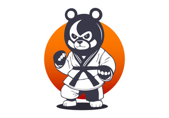 Vector graphic menacing and funny karate bear in a white kimono and fighting stance against the backdrop of the sun. Isolated white background. - obrazy, fototapety, plakaty