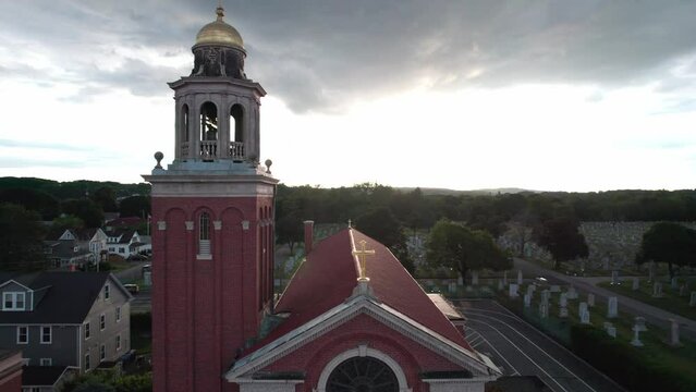 Bird's eye view of the roof and tower of Saint Mary Church in Cranston, Rhode Island.
