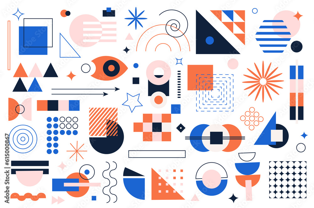 Aufkleber geometric shapes mega set graphic elements in flat design. bundle of squares, curl lines, circles, s