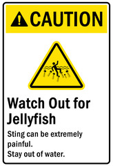 Beach safety sign and labels watch out for jellyfish