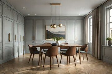  A modern dining room with light grey walls, herringbone wood floor and an oak table in the center of it. The chairs have brown leather cushions. A large painting hangs on one wall.