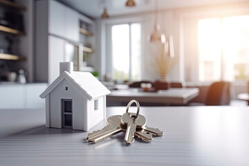 White house model and house keys on the table in new apartment. Mortgage, loan approval, home loan and insurance concept. Generative AI