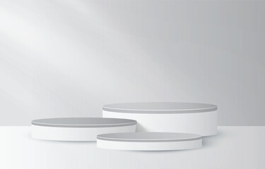 Abstract 3D room with realistic cylinder pedestal podium set. Minimal scene for product display presentation. Vector geometric platform. Stage for showcase.