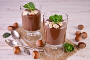 Chocolate mousse pudding with hazelnuts.	